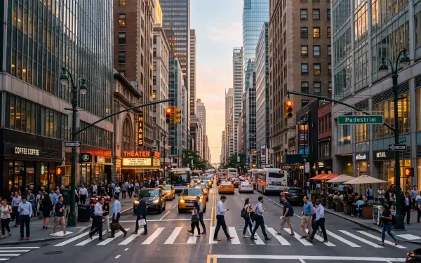 5K Ultra HD desktop wallpaper of pedestrians crossing a busy downtown city street beneath towering skyscrapers at dusk.