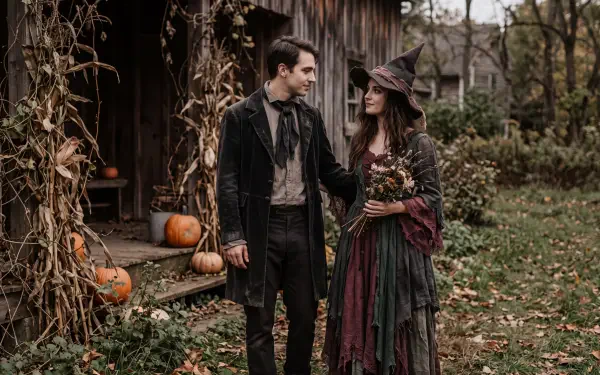 Halloween couple in dark costumes with a witch, standing in an autumn garden beside pumpkins, 5K Ultra HD desktop wallpaper.