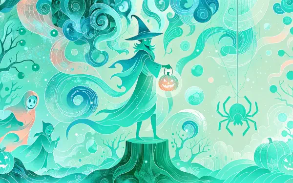 Turquoise Halloween witch holding a glowing pumpkin beside a dangling spider, 4K Ultra HD PC desktop wallpaper and background.