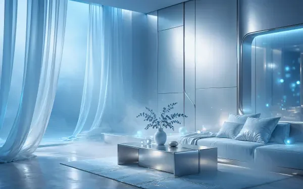 Blue ambient light fills a modern living room with a sleek sofa, featured in a 4K Ultra HD PC desktop wallpaper and background.