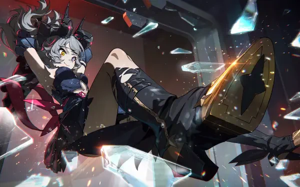 Zenless Zone Zero anime girl kicking through shattered glass, dynamic 5K Ultra HD PC desktop wallpaper