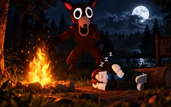 Roblox 99 Nights in the Forest monster looms over a sleeping camper beside a glowing campfire under the moon, 4K Ultra HD PC desktop wallpaper.