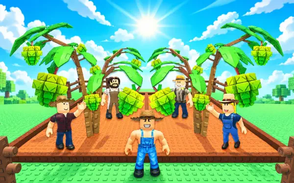 Roblox Grow a Garden voxel art scene with players among palm trees on a sunny farm, 4K Ultra HD PC desktop wallpaper