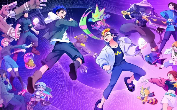 4K Ultra HD PC desktop wallpaper featuring Digimon Beatbreak video game characters and Digimon in a vibrant purple digital cartoon action scene.