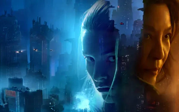 Blade Runner 2099 cyberpunk portrait of Michelle Yeoh and Hunter Schafer against a neon city, 5K Ultra HD PC desktop wallpaper.