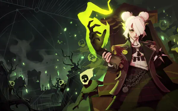 Graves from Deadlock (2024), an anime-style woman with white hair and a glowing green weapon amid a dark supernatural scene, in 5K Ultra HD desktop wallpaper.