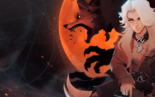 Silver, a white-haired woman from Deadlock (2024), against a glowing orange moon in a 5K Ultra HD PC desktop wallpaper.