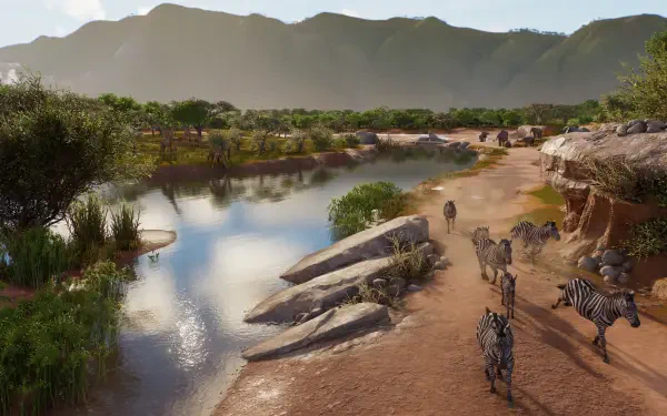 Planet Zoo 2 wildlife wallpaper featuring zebras at a savanna waterhole, with lush greenery and mountains in 4K Ultra HD.