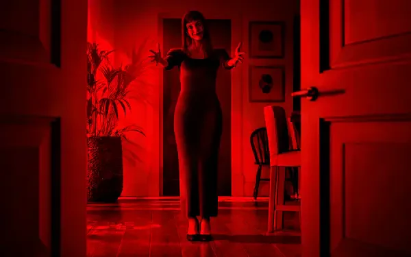Other Mommy horror wallpaper: a woman stands in a doorway under eerie red lighting, 4K Ultra HD PC desktop background.