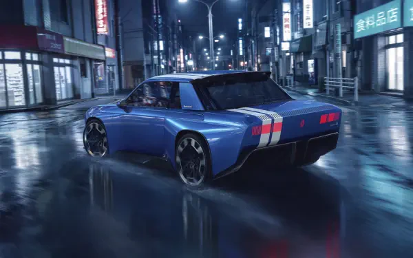 Blue Renault 8 Gordini concept sports car on a rain-slick neon city street, HD desktop wallpaper and background
