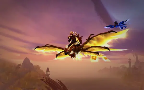 World of Warcraft: Midnight HD PC desktop wallpaper featuring a dragon and rider soaring over a fantasy landscape at sunset.