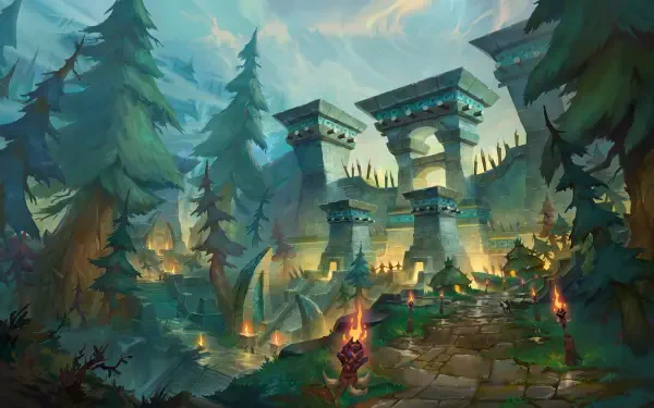 World of Warcraft: Midnight 5K Ultra HD PC wallpaper featuring ancient ruins, towering forest trees, and a glowing fantasy stronghold.