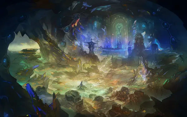 World of Warcraft: Midnight cave with glowing arcane ruins, 4K Ultra HD PC desktop wallpaper and background.