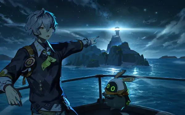 Zenless Zone Zero anime boy pointing toward a lighthouse over the ocean at night, 4K Ultra HD PC desktop wallpaper.