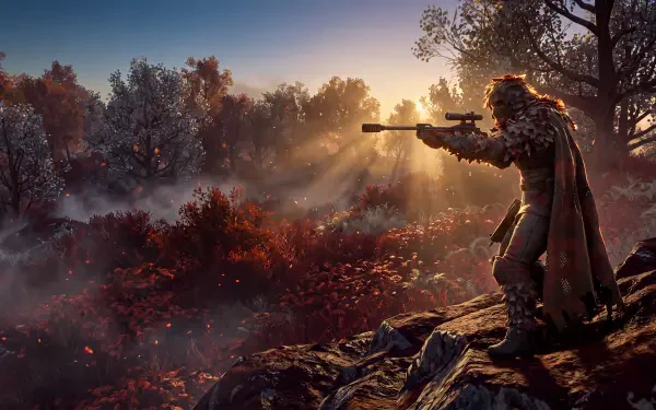 Helldivers 2 sniper soldier aiming a rifle across a misty autumn battlefield, 5K Ultra HD PC desktop wallpaper.