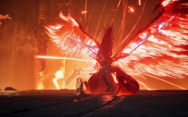 Aion 2 HD PC desktop wallpaper featuring a blazing phoenix with fiery wings against a dark volcanic backdrop.