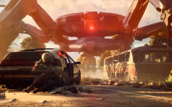 ARC Raiders sci-fi desktop wallpaper of a massive spaceship hovering over post-apocalyptic ruins as a lone survivor takes cover.