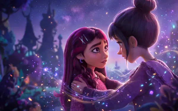 Hexed (2026) Disney anime wallpaper of two girls sharing a magical moment beneath a starry sky, in 5K Ultra HD for PC desktop background.
