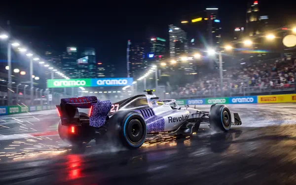 Audi R26 F1 race car speeding through a rain-soaked city circuit at night, 5K Ultra HD PC desktop wallpaper background.