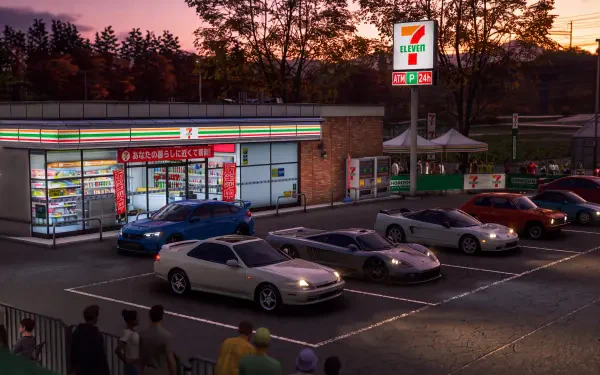 Forza Horizon 6 Japan car meet outside a 7-Eleven convenience store at sunset, 5K Ultra HD PC desktop wallpaper background.