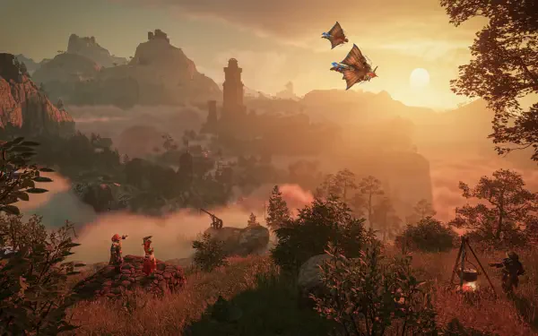 Enshrouded fantasy landscape at sunset, with misty mountains, forested cliffs, and flying creatures—HD PC desktop wallpaper.
