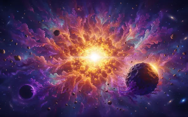 4K Ultra HD PC desktop wallpaper of a brilliant Big Bang bursting through a purple nebula, with planets and swirling galaxies in deep space.