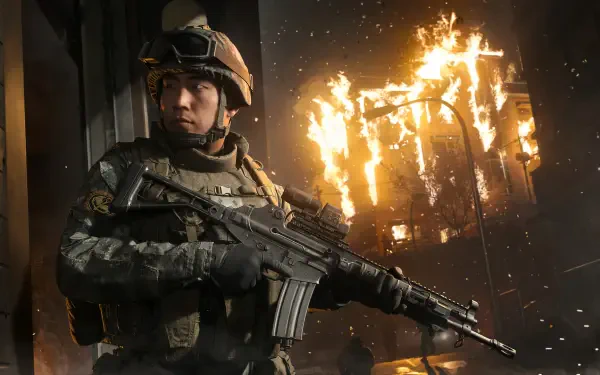 Call of Duty: Modern Warfare 4 soldier with rifle amid flames, HD PC desktop wallpaper background.
