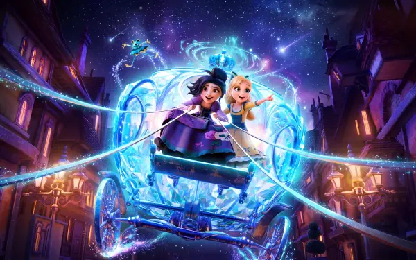 Magical carriage adventure from Steps (2026) on Netflix, with two heroines racing through a glowing fantasy city — 5K Ultra HD PC desktop wallpaper.