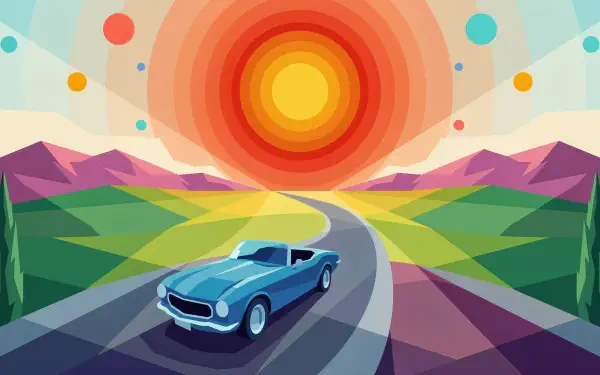 Blue car winding along a mountain road beneath a glowing sun, colorful geometric landscape, 4K Ultra HD PC desktop wallpaper and background.
