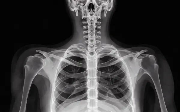4K Ultra HD X-ray wallpaper of a human skeleton’s rib cage, shoulders, and upper spine against a black background.