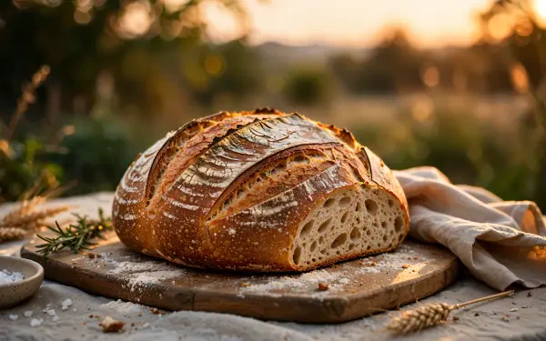 Golden-hour sourdough bread loaf on a wooden board, 4K Ultra HD PC desktop wallpaper and background.