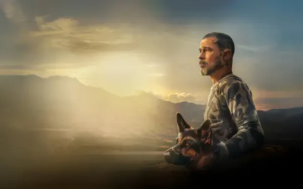 Heart of the Beast 4K Ultra HD PC desktop wallpaper featuring a man beside a dog against a glowing mountain sunset.