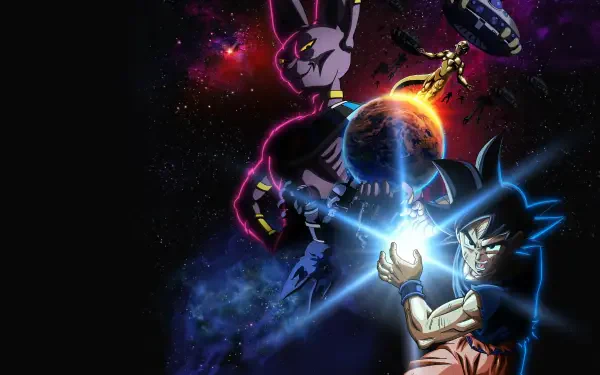 Dragon Ball Super: BEERUS 4K Ultra HD PC desktop wallpaper featuring Beerus looming over Goku as he channels glowing energy beside Earth.