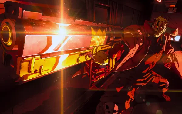 Kingsley from Cyberpunk: Edgerunners 2 aims a massive gun in a neon-lit anime scene, featured in a 5K Ultra HD PC desktop wallpaper.