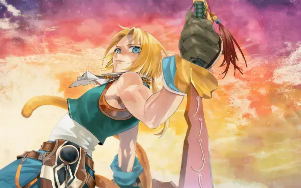 Final Fantasy Resonance anime warrior woman holding a sword against a vivid sunset, 4K Ultra HD PC desktop wallpaper and background.