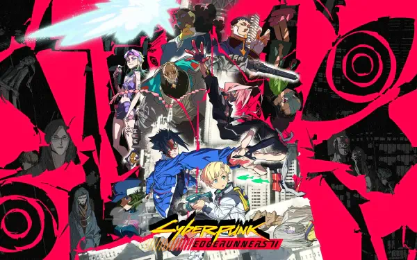 Cyberpunk: Edgerunners 2 anime ensemble in a vivid pink-and-black collage, 4K Ultra HD PC desktop wallpaper and background.