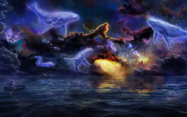 Surreal sci-fi fantasy ocean landscape with glowing storm clouds and cosmic light, 8K Ultra HD PC desktop wallpaper and background.