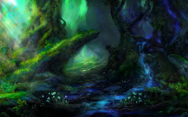 8K Ultra HD sci-fi fantasy landscape wallpaper of an alien forest glowing with emerald light, twisted trees, and a flowing blue stream.