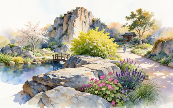 Watercolor rock garden with a tranquil pond, stone bridge, flowering plants, and mountain landscape, 4K Ultra HD PC desktop wallpaper background.