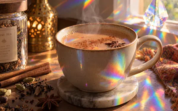 Chai tea in a ceramic cup with cinnamon and spices, featured in a 4K Ultra HD PC desktop wallpaper and background.