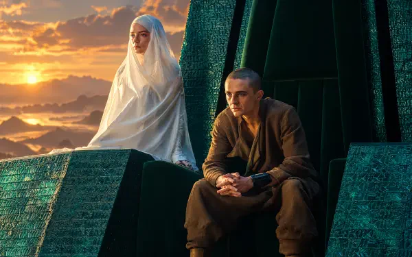 Paul Atreides sits beside a veiled woman above a desert at sunset in this Dune: Part Three 4K Ultra HD PC desktop wallpaper.