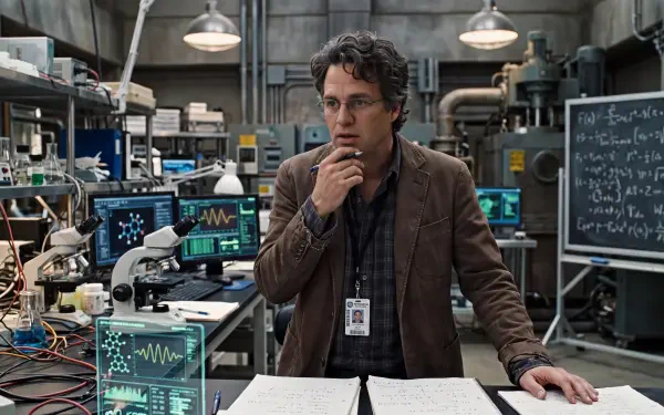 Bruce Banner, scientist and engineer, studies electronics in a high-tech laboratory, 5K Ultra HD desktop wallpaper background.