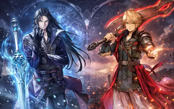 Final Fantasy Resonance anime warriors with swords amid blue and red energy, 5K Ultra HD PC desktop wallpaper.