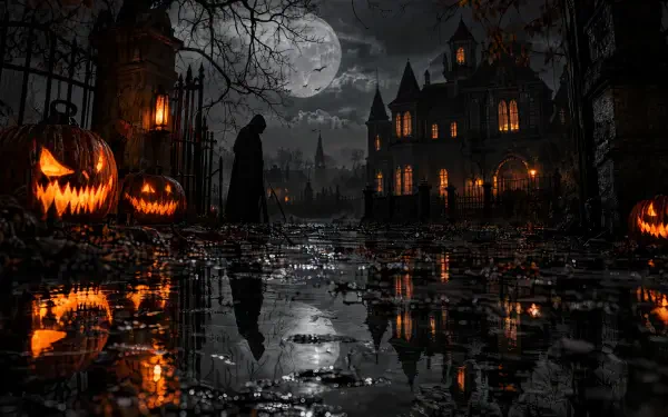 Dark Halloween haunted house with glowing jack-o’-lanterns and a moonlit, reflective path, 4K Ultra HD PC desktop wallpaper and background.