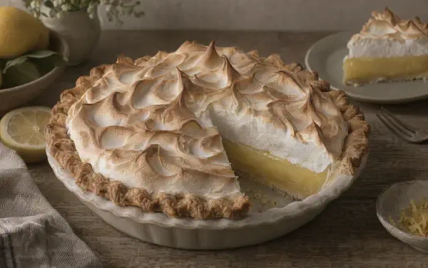 Golden lemon meringue pie with toasted peaks on a rustic table, featured in a 4K Ultra HD PC desktop wallpaper and background.