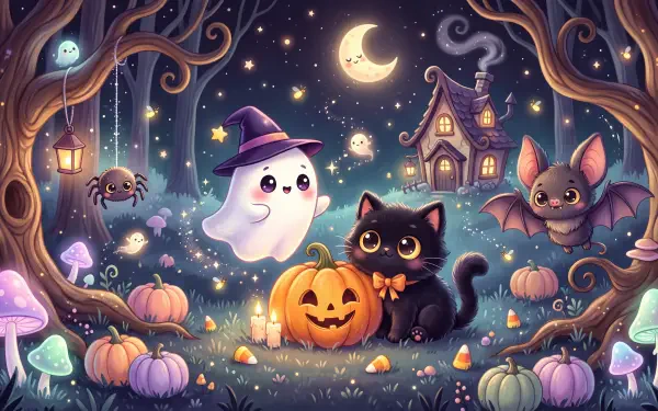 Spooky cute Halloween 5K Ultra HD PC desktop wallpaper with a witch-hat ghost, black cat, glowing pumpkin, bats, and moonlit forest.