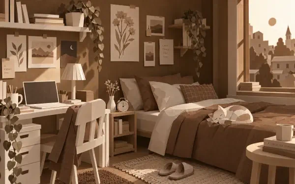 Brown aesthetic bedroom interior with a cat curled up on the bed, featured in a 4K Ultra HD PC desktop wallpaper and background.