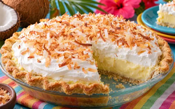 Coconut cream pie with whipped cream and toasted coconut, featured in a vibrant 4K Ultra HD PC desktop wallpaper.