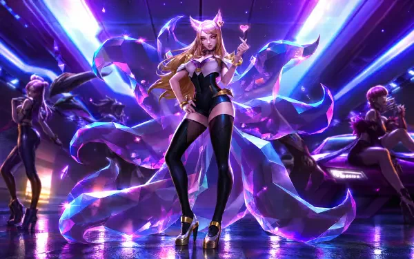 K/DA Ahri stands center stage with glowing purple energy and dancers in this anime-inspired 4K Ultra HD PC desktop wallpaper.