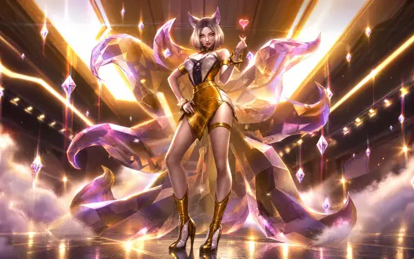 K/DA Ahri in a glowing gold stage outfit, surrounded by radiant pink and gold effects, in a 4K Ultra HD PC desktop wallpaper.